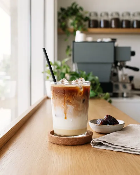 Iced Spanish latte on a café counter